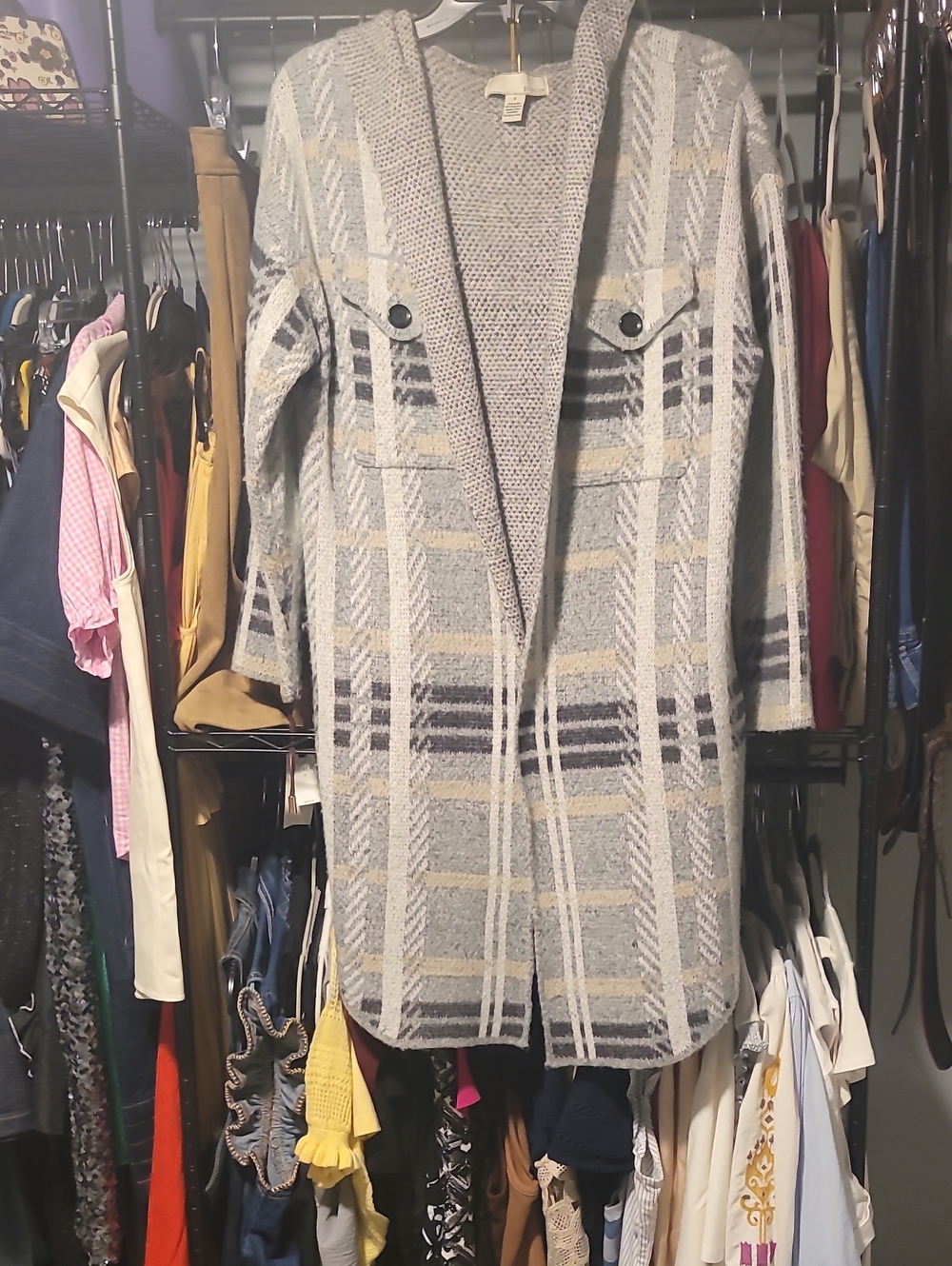 5 For $25 Plaid Hooded Longline Women's Sweater/Jacket - Light Gray,Gold & Cream